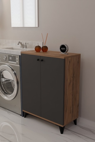Çok Amaçlı Banyo & Çamaşır Odası Dolabı, Ayarlanabilir Raflı, Kapaklı Modern Banyo Dolabı Atlantik Çam - Antrasit