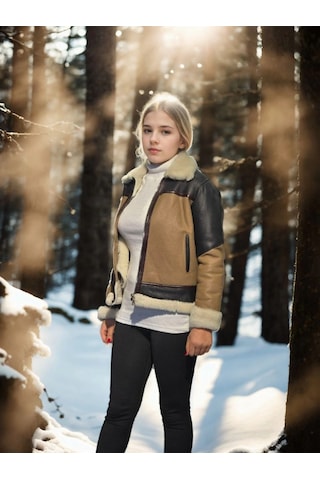 Kadın Uzun Kollu Yakalı Hakiki Kürk - Kahve Çok Renkli