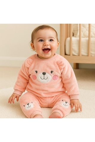 Cute Bear Suratlı Omuzdan Çıtçıtlı Welsoft İçi Astarlı 2 Parça Takım Nar Çiçeği