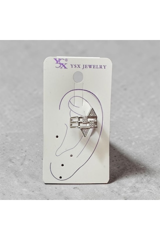 Earcuff Sıkıştırmalı Çelik Kıkırdak Küpe Geometrik Zirkon Taşlı Gümüş Renk