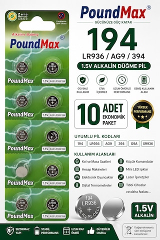 10 Adet Ag9 Lr45, Lr936, 394 1.5v - Poundmax Alkalin Düğme Piller 1x 10 Lu Paket 10 Adet Ag9 Lr45, Lr936, 394 1.5v - Poundmax Alkalin Düğme Piller 1x 10 Lu Paket