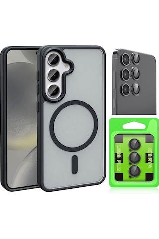 Vendas Galaxy Uyumlu S25 Kılıf M-safe Şarj Özellikli Mat Arka Yüzey Zore Sio Kapak + Kamera Lens Koruyucu Siyah