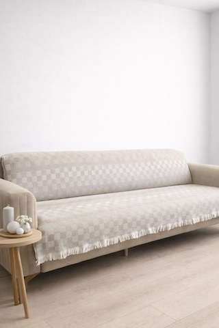 Miracolo Home Pamuklu Koltuk Örtüsü Şalı Kaymaz Dokulu Çok Amaçlı Kanepe Çekyat Örtüsü Bej
