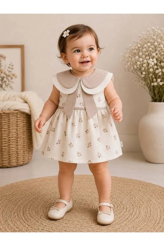 Ferasty İstanbul Kız Bebek Elbise Çıtır Çiçekli Bebe Yaka Bej