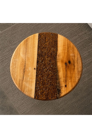 Modern Ahşap & Epoksi Detaylı Yuvarlak Kahve Sehpası 40 Cm Çap, 52 Cm Yükseklik Aletsiz Kolay Kurulum Bej