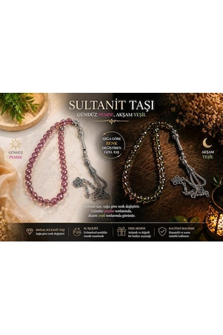 Sultanit Taşı 33 Lü Tesbih Gündüz Pembe Akşam Yeşil Renk Değiştiren Doğal Taş Zultanit Tesbih Özel Tasarım