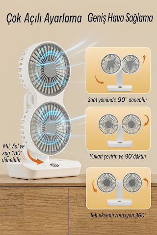 Şarjlı Çift Fanlı Vantilatör Masaüstü Ayarlanabilir Fan Salınım