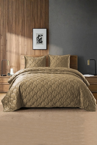 Evlen Home Kapitone Kadife Yatak Örtüsü Seti Çift Kişilik Supersoft 3 Parça Yumuşak Elyaf Dolgulu Koyu Kahve Koyu Kahverengi