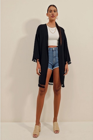 Hiccup Bdart Ponpon Detaylı Midi Plaj Kimono Siyah