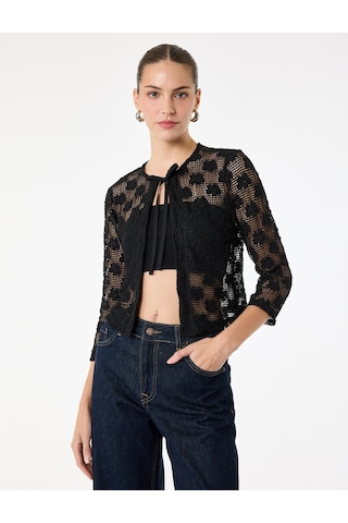 Koton Slim Fit Uzun Kollu Bisiklet Yaka Önden Bağlamalı Fiyonklu Dantel Crop Bluz Siyah 6sak80003pk