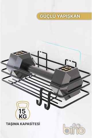 Bino 2li Set Banyo Düzenleyici Şampuanlık Mat Siyah Yapışkanlı 4 Askılı Duş Rafı Paslanmaz Organizer Siyah
