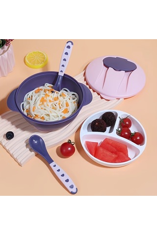 Çocukların Günlük Beslenmesi İçin Vantuz, Kaşık, Çatal, Kase, Kase Kapağı Ve Üç Bölgeli Tabak İçerir