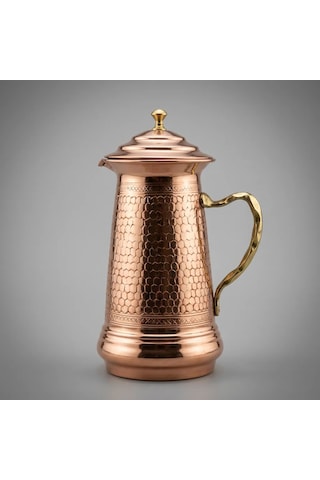 Aura Copper Bakır Sürahi 2 Litre Kapaklı İçi Kalaylı Geleneksel Desenli İbrik