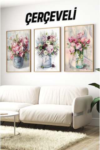 Ahşap Çerçeveli Mdf Tablo Seti Salon Ve Oturma Odası İçin Çiçekler Çt3070 42 X 62 Çok Renkli