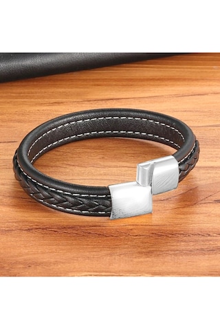 Brezza Lusso Jewelry Hakiki Deri Siyah Örgülü Çelik Erkek Bileklik Siyah