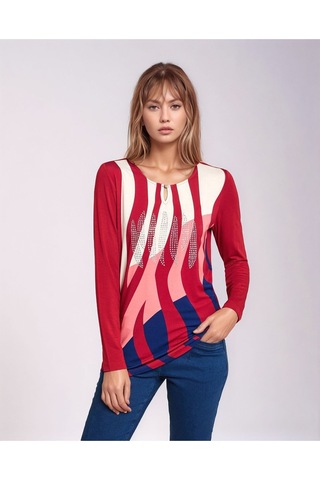 Kadın Bisiklet Yaka Esnek Desenli Taşlı Viskon Uzun Kol Curve Büyük Beden Bluz Kırmızı