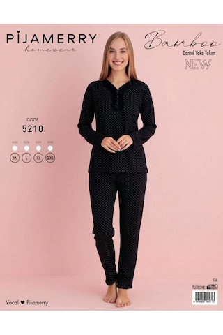 Pijamerry Kadın Bambu Baharlık Dantel Yaka Uzun Kol İnce Pijama Takımı 5210s - 1 Adet Siyah