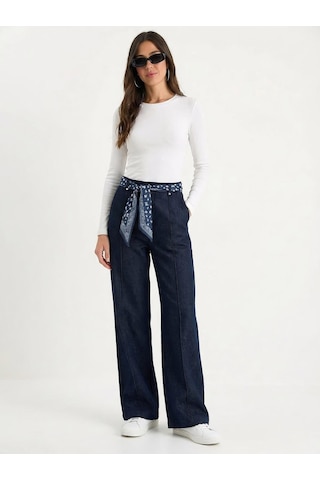 Shade Kadın Saten Kemer Detaylı Wide Leg Denim Pantolon 7510 60283941 - Lacivert