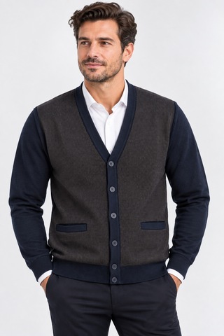 Bihan Store Erkek Çift Renkli V Yaka Düğmeli Örme Hırka - Klasik & Casual Şık 7206-lacivert