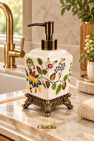 Chacha Home Aurelia Seramik Sıvı Sabunluk 470 Ml Antik Bronz Görünümlü Ayaklı Ve Pompalı 22 Cm Çok Renkli
