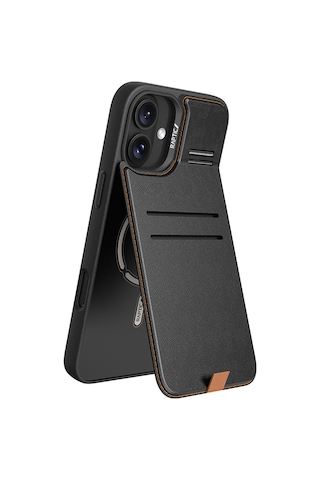 Apple Uyumlu iPhone 16 Kılıf Magsafeli Raptic Slim Wallet Serisi Deri Görünüm Kartlıklı Standlı Kapak Siyah