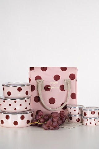 Emaylabxpeppythings Cherry 3 Lü Set Emaye Saklama Kabı, Emaye Kahvaltılık & Termal Taşıma Çantası 10 Litre Pembe - Bordo
