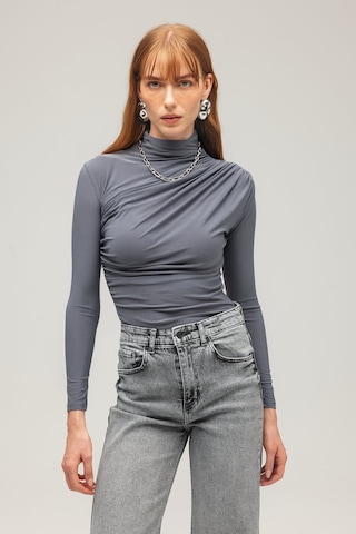 Saade Sââde Kadın Drapeli Boğazlı Uzun Kollu Örme Bluz - Slim Fit Antrasit