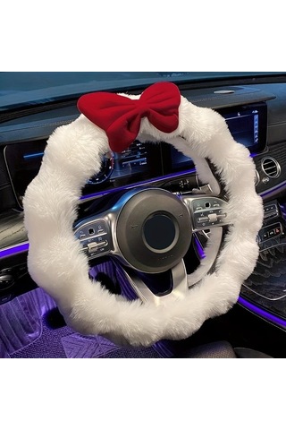 Fiyonklu Yumuşak Peluş Kış Direksiyon Kılıfı Beyaz