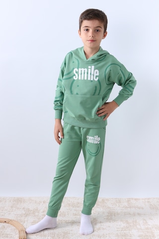 Erkek Çocuk Kapşonlu Eşofman Takımı Smile Baskılı Ribanalı F11 Yeşil