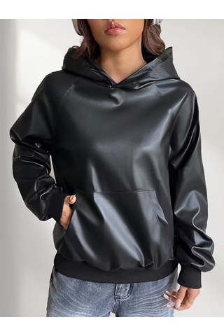 Bhrwear Kadın Uzun Kollu Kapşonlu Cepli Şardonlu Deri Bluz Renkli