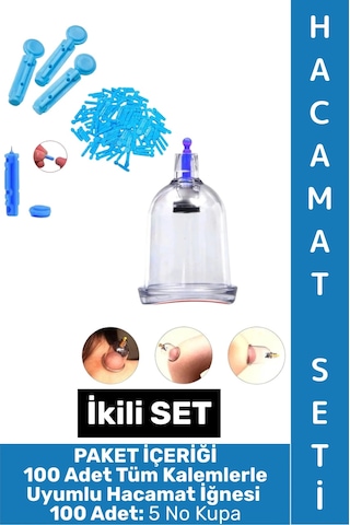 Hacamatseti Tüm Kalemlerle Uyumlu Parmak Delme 100 Adet İğne 100 Adet 5 No Kupa İkili Hacamat Seti