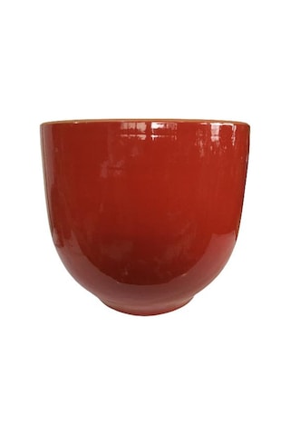 Kırmızı Renk Sırlı , El Yapımı Tombul Toprak Saksı 30 27 Cm