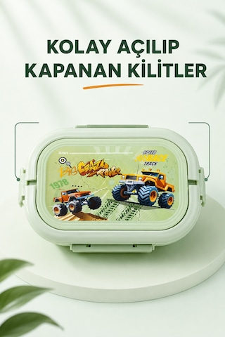 Mint Yeşili Araçlı Çocuk Beslenme Kutusu 6 Bölmeli Kilitli Saplı Okul Piknik Yemek Saklama Kabı Seti