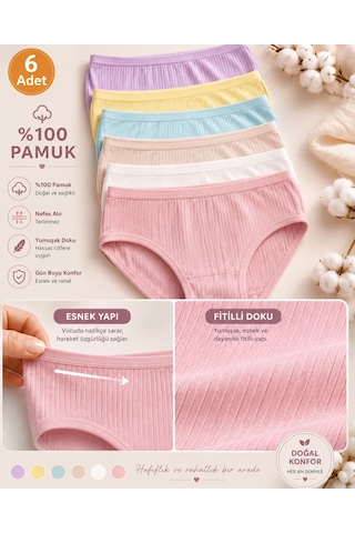 Tutku Yumuşacık Fitilli Doku Kız Çocuk Slip Külot 6 Adet Çok Renkli