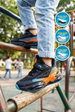 Marcokids Siyah-turuncu Cırtlı Hafif Esnek Erkek Çocuk Spor Ayakkabı T5440207b Siyah-mavi-turuncu