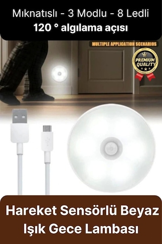 Premium Hareket Sensörlü Usb Şarj Edilebilir Mıknatıslı 3 Mod 8 Ledli Beyaz Işık Gece Lambası 1 Adet