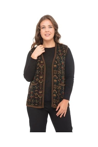 Kadın Etnik Model Triko Örgü Kilim Yelek 1070-siyah Siyah