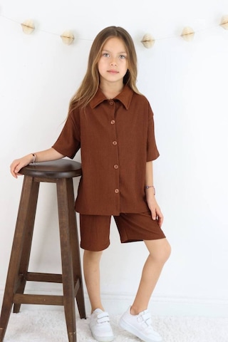 Gömlek Oversize Kız Şort Takım Karamel Kahve Açık Kahverengi