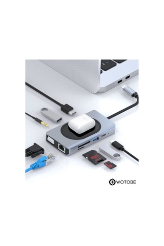 9 Portlu Kablosuz Şarjlı Usb-c Hdtv Hdmı Pd Sd Tf Rj45 Vga Dönüştürücü Adaptör