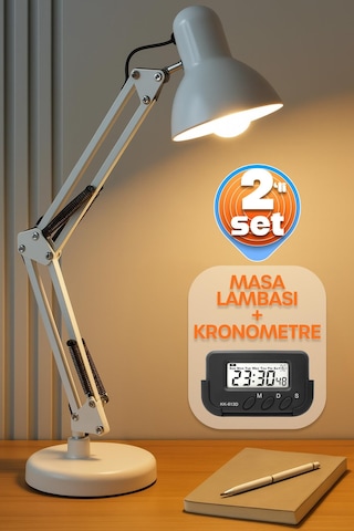 2li Set Masa Lambası + Kronometreli Öğrenci Saati Akrobat Metal 360 Çalışma Masası Lambası Beyaz Beyaz