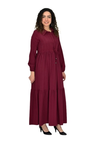 Kadın Uzun Kol Lastikli Kabartma Çizgili Elbise Bgl-st04676 Bordo