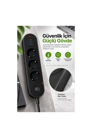 Robeve Blic Termal Akım Korumalı 3 Lü Priz 2500w 1 Usb-c + 2 Usb-a Hızlı Şarj Girişli Çoklu Priz Aşırı Akım, Isınma Ve Kısa Devre Korumalı Aç/kapa Anahtarlı Siyah Uzatma Prizi Grup Priz Diğer