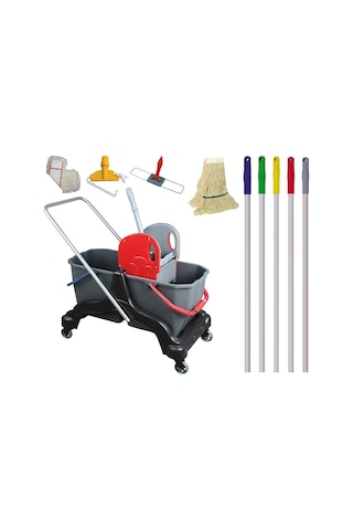 Safell Çift Kovalı Temizlik Arabası - Temizlik Seti Mop Ve Aparatı - 6 Parça Paspas Arabası - 25 Litre - Siyah