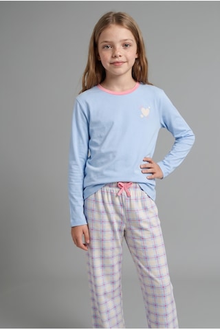 Defacto Uzun Kollu Kalp Baskılı Kareli Alt 2li Pijama Takımı Kız Çocuk I2284a826aube791 Mavi-be791