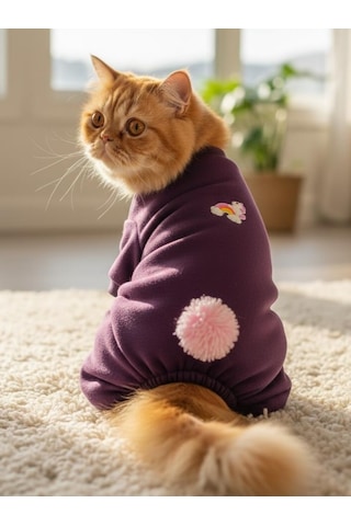 Ponpon Detaylı Kedi Tulumu Şardonlu Polar Kumaş Mor Renk