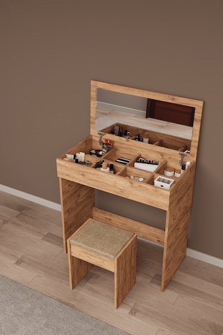 Df02113 Kapaklı Aynalı Bölmeli Puflu Makyaj Masası Atlantik Çam