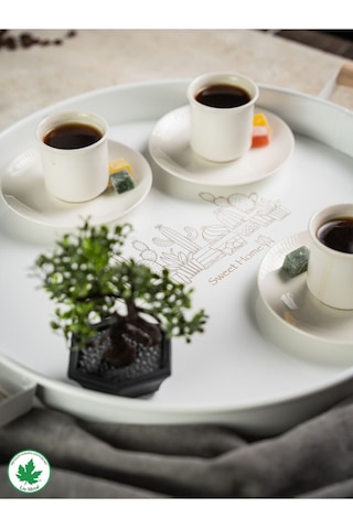 Lin Metal 37cm Yuvarlak Tepsi Ahşap Kulplu Kaktüs Baskılı - Beyaz