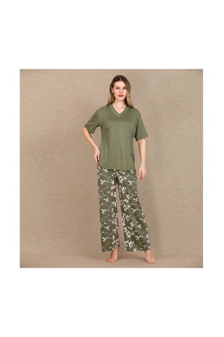 L'ombre Şık Tasarım Çiçek Desenli Yeşil Kısa Kol Viskon Pijama Takımı