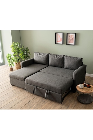 Pafu Kado Yataklı Köşe Koltuk Takımı - Keten Koyu Gri Koyu Gri