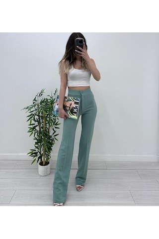 Nevege Butik Nevege Kadın Mint Yüksek Bel Toparlayıcı Ispanyol Paça Palazzo Pantolon Mint Yeşili